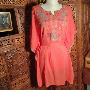 Trendology Belted Kimono Coral Color with Embroidery, Size Small